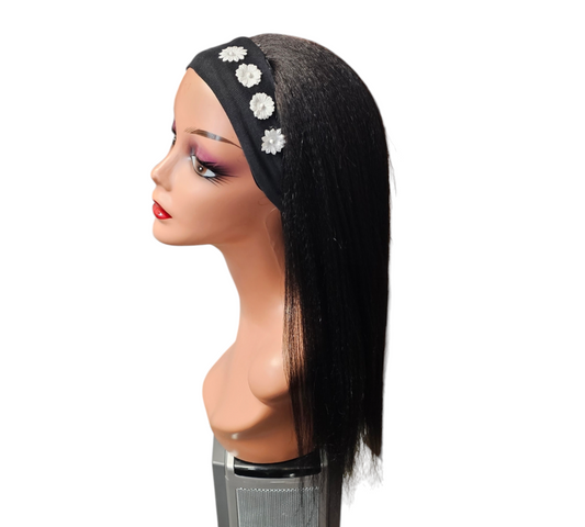 Beautiful Natural Look Heat Resistant Headband Wig With White Flower Design 18inch This Wig Is Light Weight