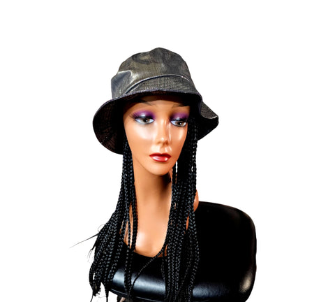 Braided B Cap Wig Box Braid Hair Extensions with Hat Black Color/ cap is silver metallic