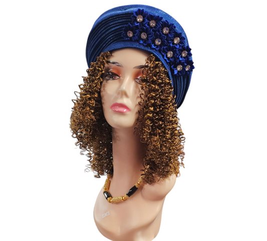 Best Seller Auto Gele And Deep Curl Elegant Gold Wig Comes Ready To Wear, Just Put It On And You Are Good To Go