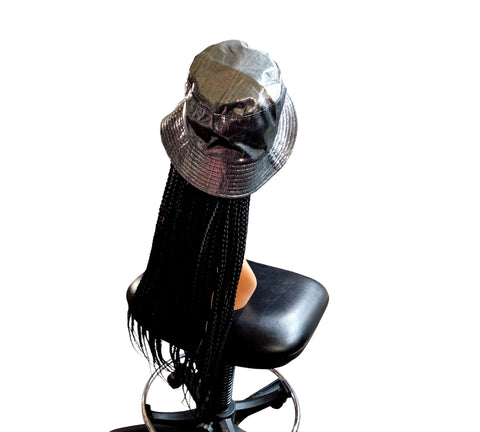 Braided B Cap Wig Box Braid Hair Extensions with Hat Black Color/ cap is silver metallic