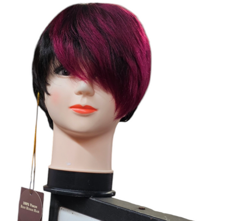 Pixie Cut Human Hair Wigs with Bangs Ombre And Black  Color Wigs Cute Brazilian Short Black and Burgundy Layered