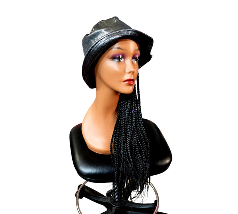 Braided B Cap Wig Box Braid Hair Extensions with Hat Black Color/ cap is silver metallic